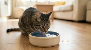 Gatto tigrato che beve acqua da una ciotola in casa