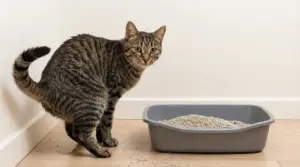Gatto tigrato accanto alla lettiera con pipì sul pavimento, comportamento di pipì fuori dalla lettiera