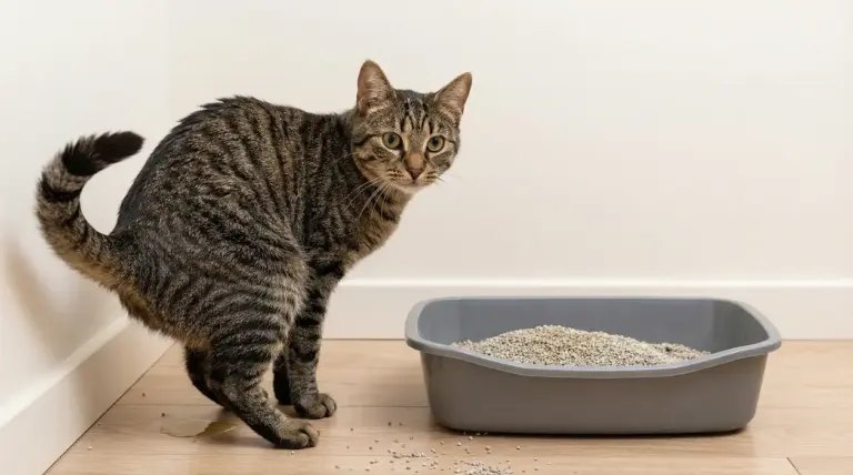 Gatto tigrato accanto alla lettiera con pipì sul pavimento, comportamento di pipì fuori dalla lettiera