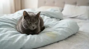 Gatto grigio sdraiato sul letto accanto a una macchia di urina sul piumone