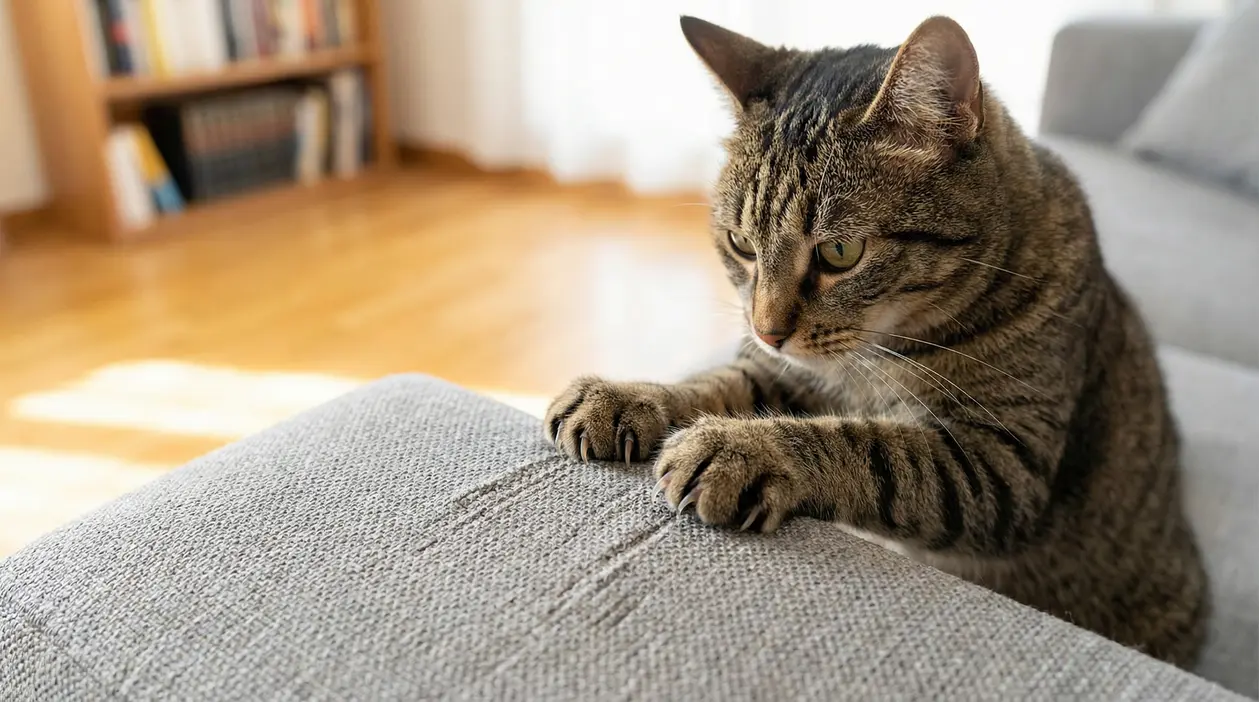 Gatto tigrato che graffia il bracciolo di un divano in tessuto in salotto
