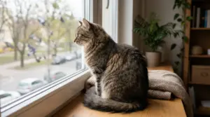 Gatto tigrato seduto sul davanzale mentre osserva fuori dalla finestra in casa