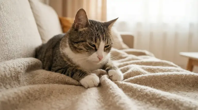 Gatto tigrato che impasta una coperta sul divano in casa