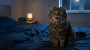 Gatto che miagola sul letto di notte in camera da letto, vicino a una sveglia