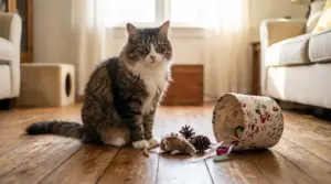 Gatto domestico seduto sul pavimento accanto a giochi e piccoli oggetti portati in casa