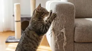Gatto tigrato che graffia il bracciolo di un divano rovinando il tessuto in casa