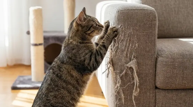 Gatto tigrato che graffia il bracciolo di un divano rovinando il tessuto in casa