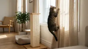 Gatto tigrato che si arrampica su una tenda accanto a un tiragraffi in soggiorno