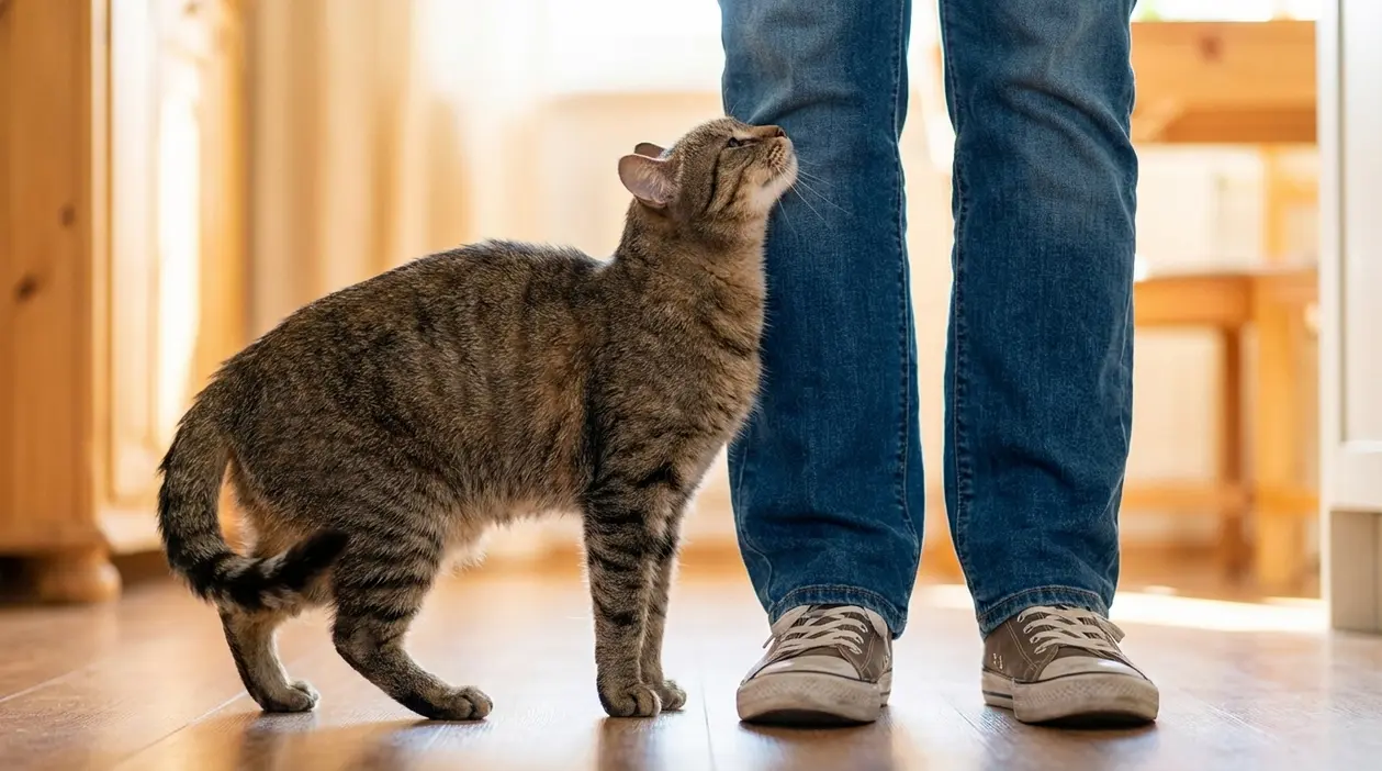 Gatto tigrato che si strofina sulle gambe di una persona in casa