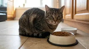 Gatto tigrato accanto a una ciotola di crocchette in cucina, possibile segnale di scarso appetito