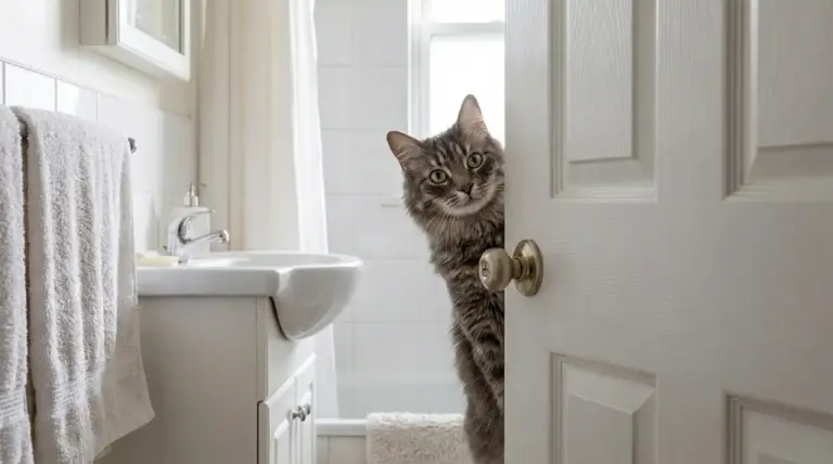 Gatto grigio che sbircia dalla porta del bagno in un ambiente domestico luminoso