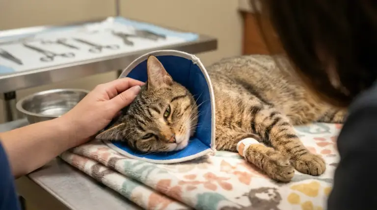 Gatto con collare elisabettiano sdraiato dal veterinario dopo la sterilizzazione