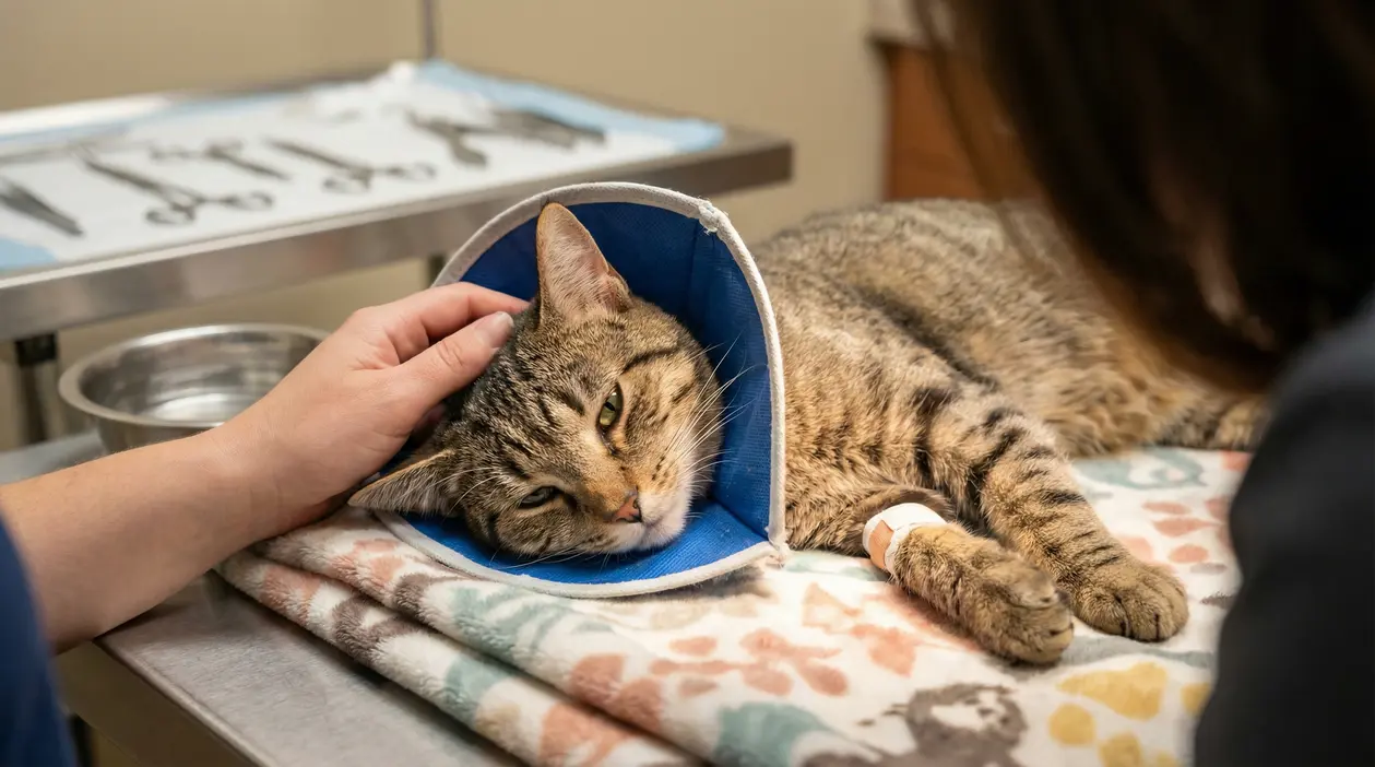 Gatto con collare elisabettiano sdraiato dal veterinario dopo la sterilizzazione
