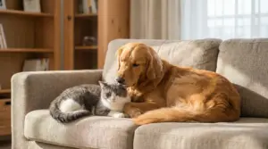 Gatto grigio e cane sdraiati insieme sul divano in casa, tranquilli e affiatati