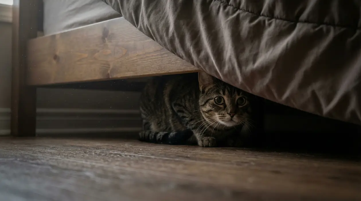 Gatto tigrato nascosto sotto il letto in casa, con postura attenta e sguardo vigile