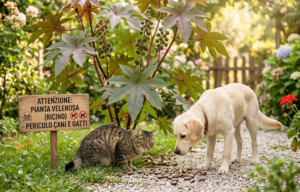 Un cane Labrador chiaro e un gatto soriano osservano incuriositi dei semi di ricino sparsi su un sentiero di ghiaia in un giardino. Accanto a loro è visibile una pianta di ricino con le sue tipiche foglie palmate e un cartello in legno che recita "ATTENZIONE: PIANTA VELENOSA (RICINO) - PERICOLO CANI E GATTI"
