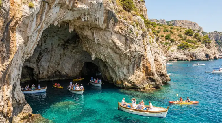 Grotta marina in una scogliera rocciosa con barche e kayak su acqua turchese, lungo la costa italiana