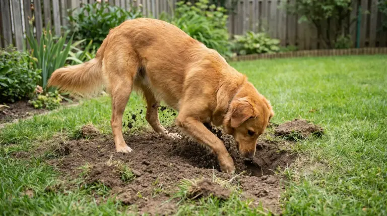 Cane che scava una buca in giardino, sollevando terra con le zampe