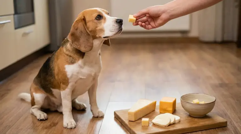 Cane in cucina osserva un pezzetto di formaggio offerto da una mano, con diversi tipi di formaggio sul tagliere