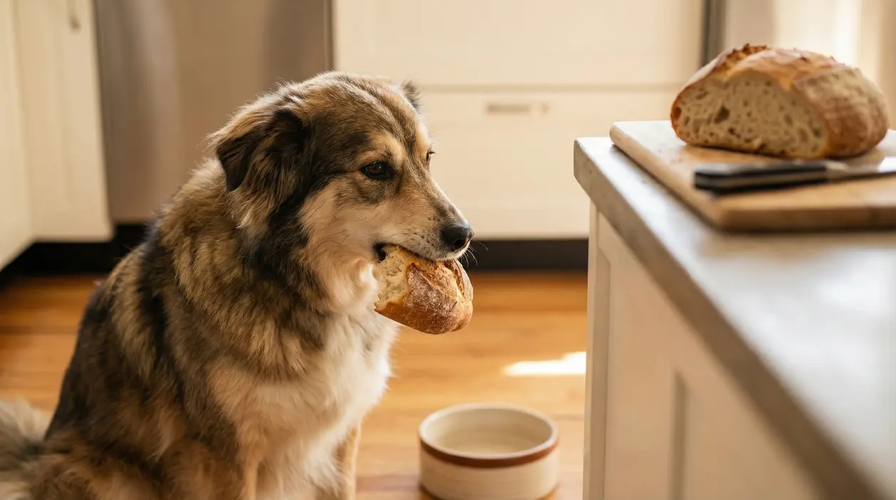 Cane in cucina con un pezzo di pane in bocca accanto a una pagnotta sul tavolo
