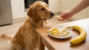 Golden Retriever annusa un pezzo di banana offerto da una mano, con banane su un tavolo in cucina