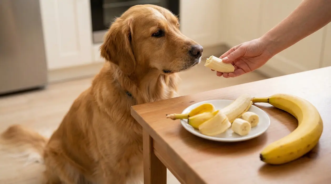 Golden Retriever annusa un pezzo di banana offerto da una mano, con banane su un tavolo in cucina
