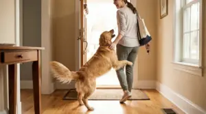 Cane che salta con entusiasmo sulla proprietaria mentre rientra a casa all’ingresso