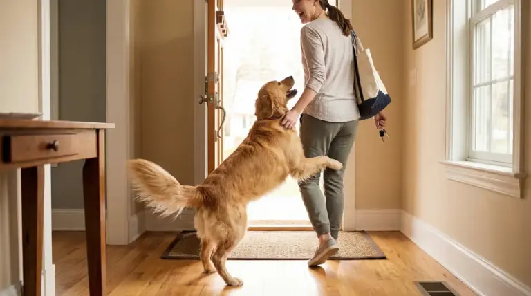 Cane che salta con entusiasmo sulla proprietaria mentre rientra a casa all’ingresso