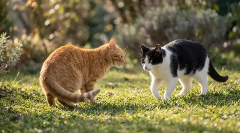 Due gatti si osservano in giardino, mostrando un tipico linguaggio del corpo felino