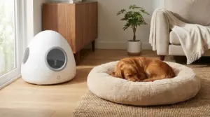 Cane che riposa su una cuccia morbida in soggiorno accanto a una moderna lettiera coperta per animali