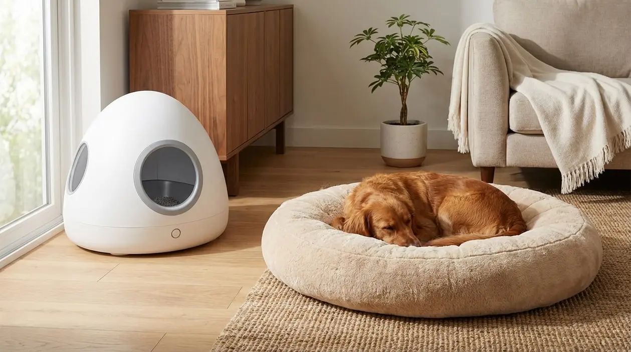 Cane che riposa su una cuccia morbida in soggiorno accanto a una moderna lettiera coperta per animali