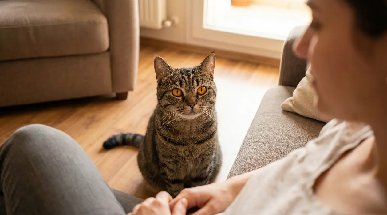 Gatto tigrato seduto in salotto che fissa una persona, esempio di comunicazione felina