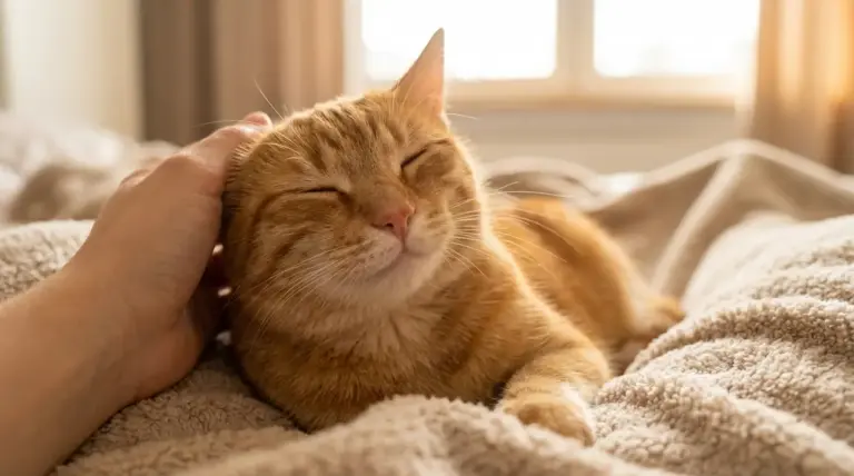 Gatto rosso rilassato mentre riceve carezze sul letto, immagine che richiama il motivo per cui fa le fusa