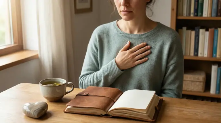 Una persona con la mano sul petto seduta a un tavolo con tazza di tè e diario aperto, in un ambiente tranquillo