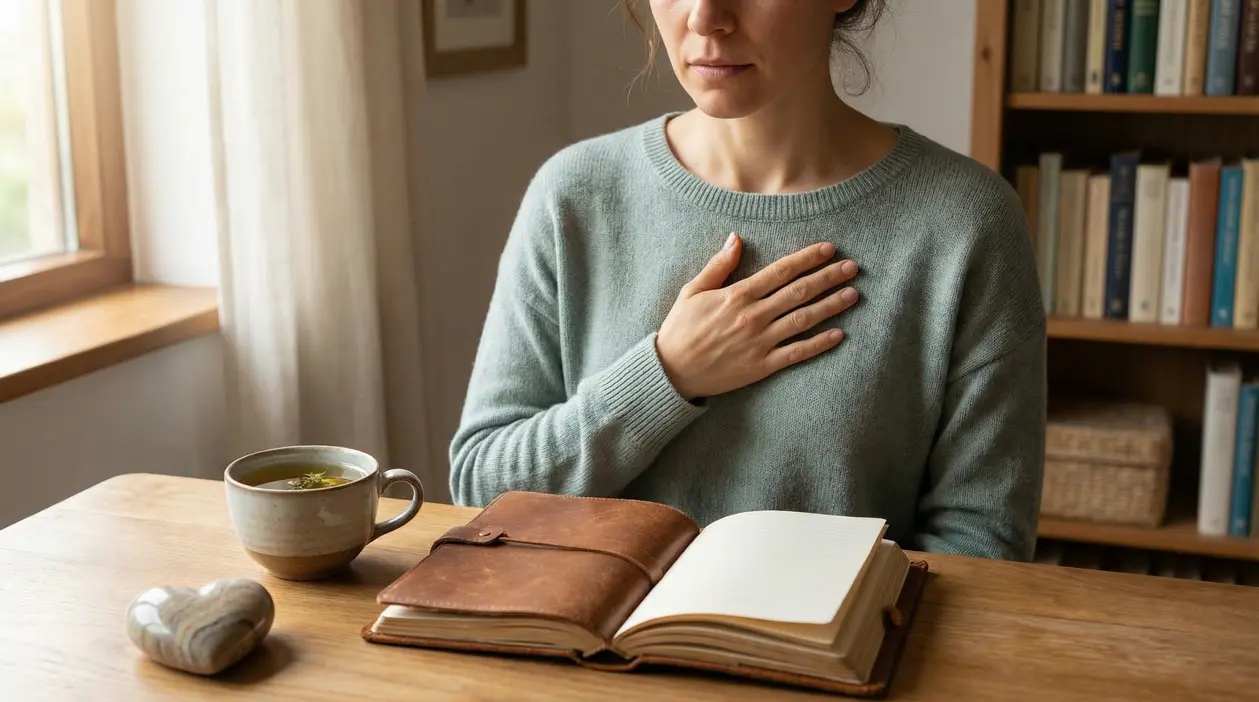 Una persona con la mano sul petto seduta a un tavolo con tazza di tè e diario aperto, in un ambiente tranquillo