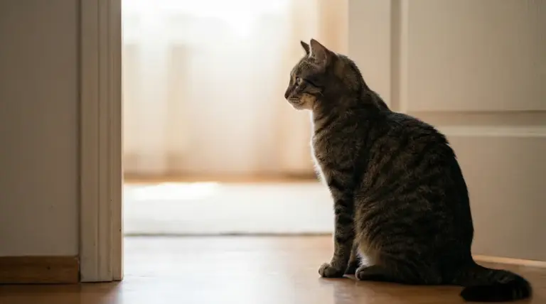 Gatto tigrato seduto in casa vicino a una porta, mentre osserva attentamente verso l’altra stanza