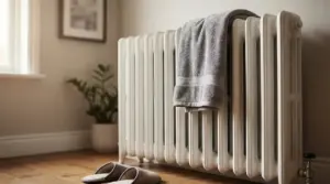 Termosifone in ghisa con asciugamano appoggiato sopra, in una stanza con pantofole sul pavimento