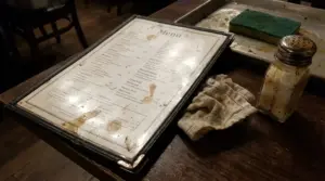 Menu macchiato su un tavolo di ristorante accanto a spugna, panno e spargisale sporchi