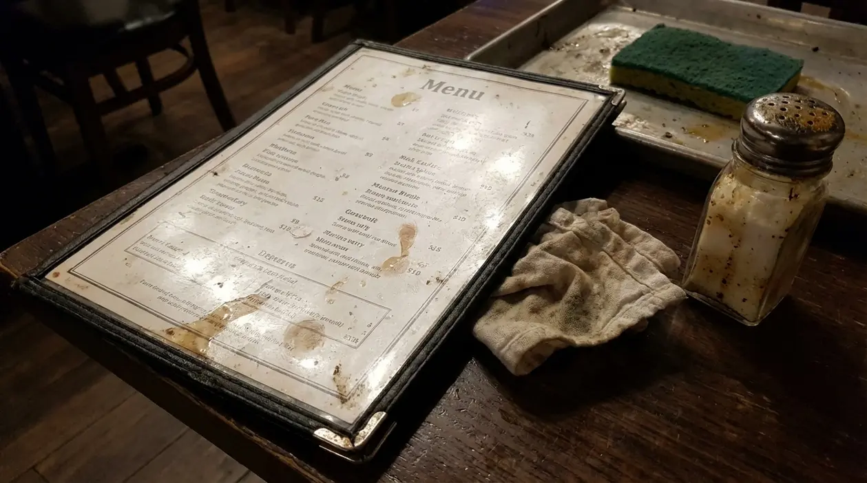 Menu macchiato su un tavolo di ristorante accanto a spugna, panno e spargisale sporchi