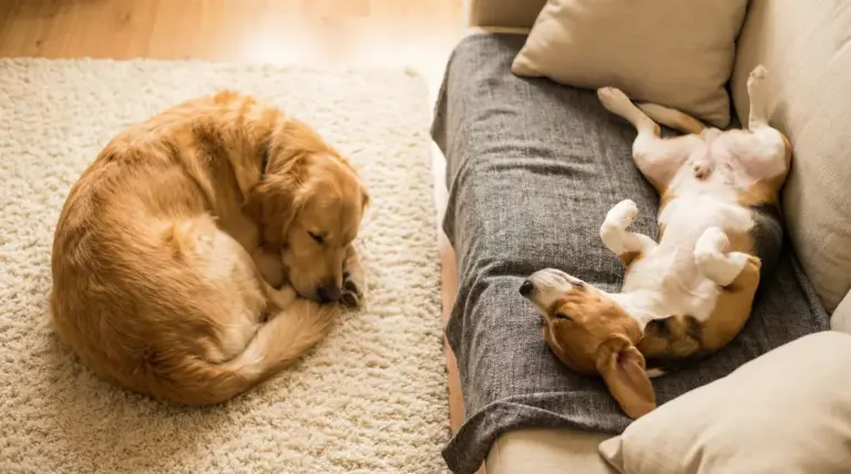 Due cani dormono in posizioni diverse in casa: uno rannicchiato sul tappeto, l’altro a pancia in su sul divano