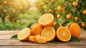 Arance intere e tagliate con foglie su un tavolo di legno, con un agrumeto sullo sfondo