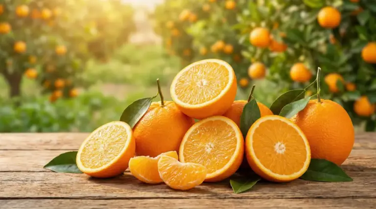 Arance intere e tagliate con foglie su un tavolo di legno, con un agrumeto sullo sfondo