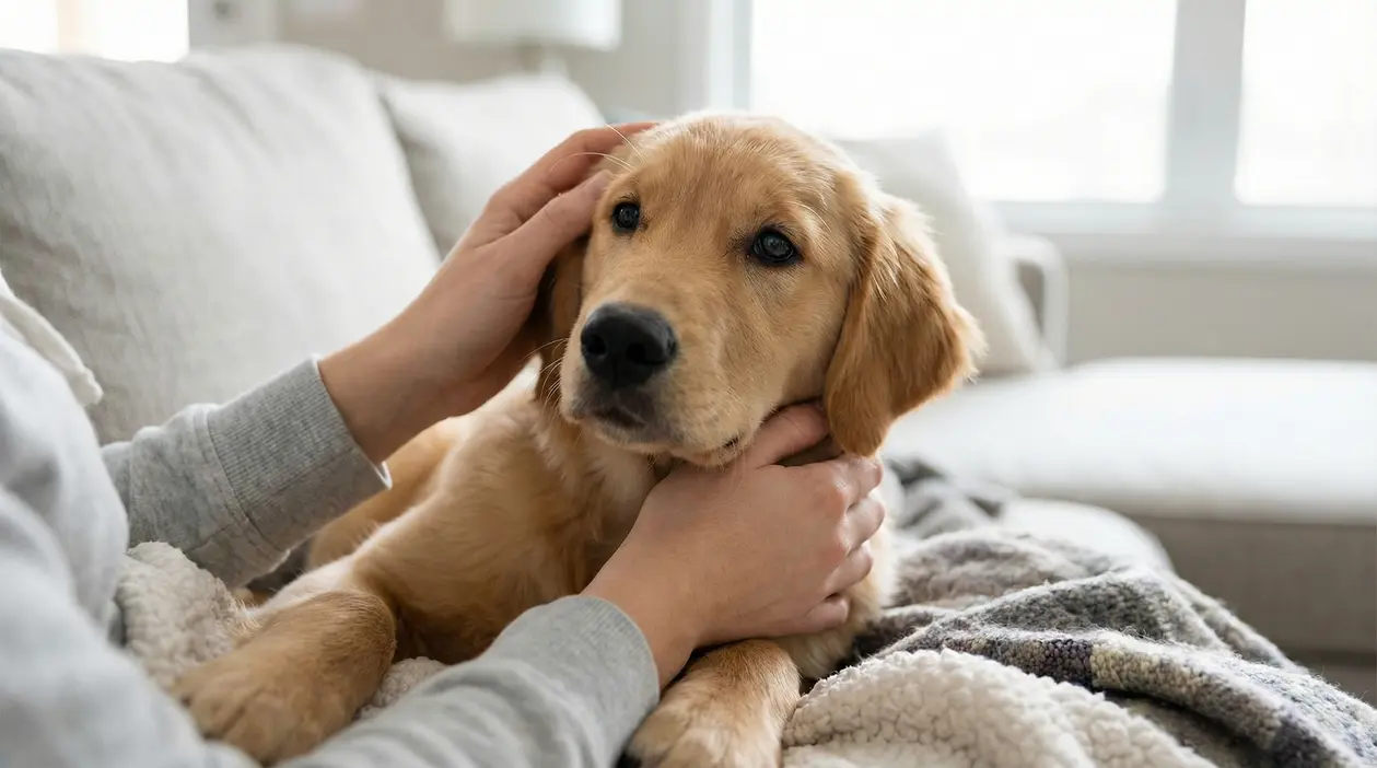 Persona che accarezza un cane sdraiato sul divano, in un momento di dolcezza e coccole