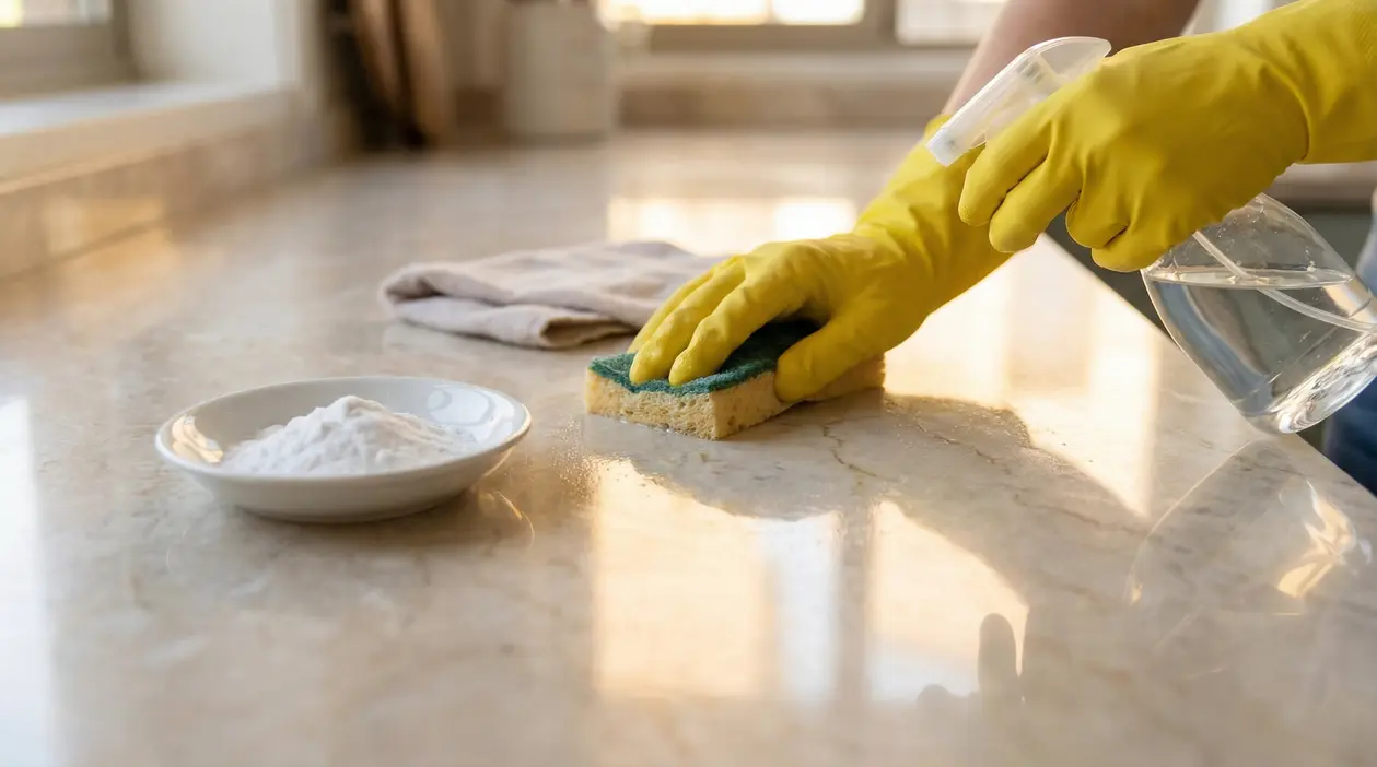 Persona con guanti gialli pulisce e lucida un piano in marmo con spugna e spray, accanto a una ciotola di polvere