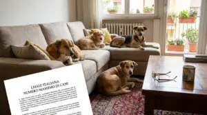 Quattro cani rilassati in salotto su divano e tappeto, in una casa, tema numero massimo di cani consentito