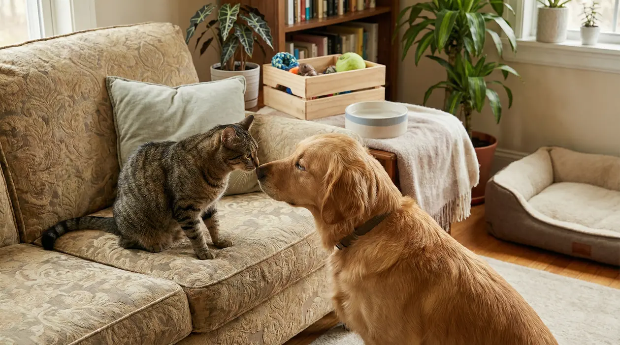 Cane e gatto si osservano in salotto durante il primo incontro in casa
