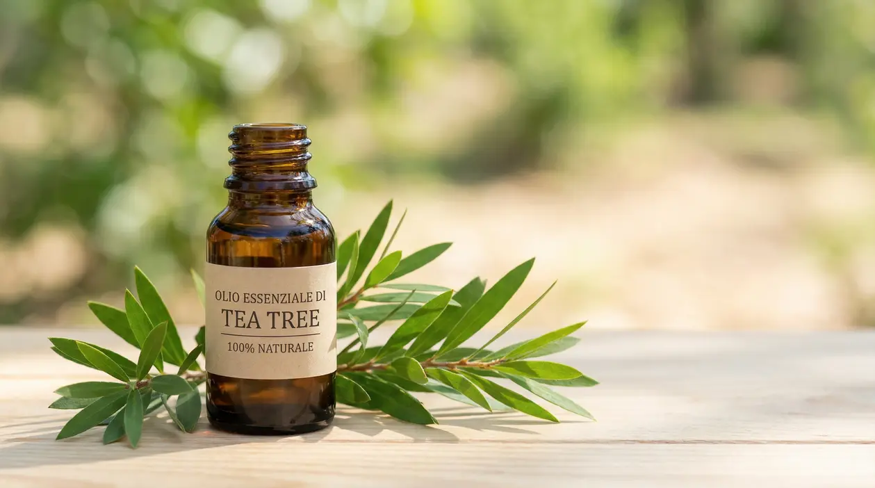 Boccetta di olio essenziale di tea tree in vetro ambrato con foglie verdi su un tavolo di legno