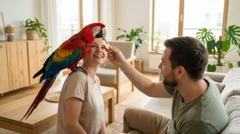 Ara rosso su una persona mentre un'altra gli offre un pezzo di mela in salotto