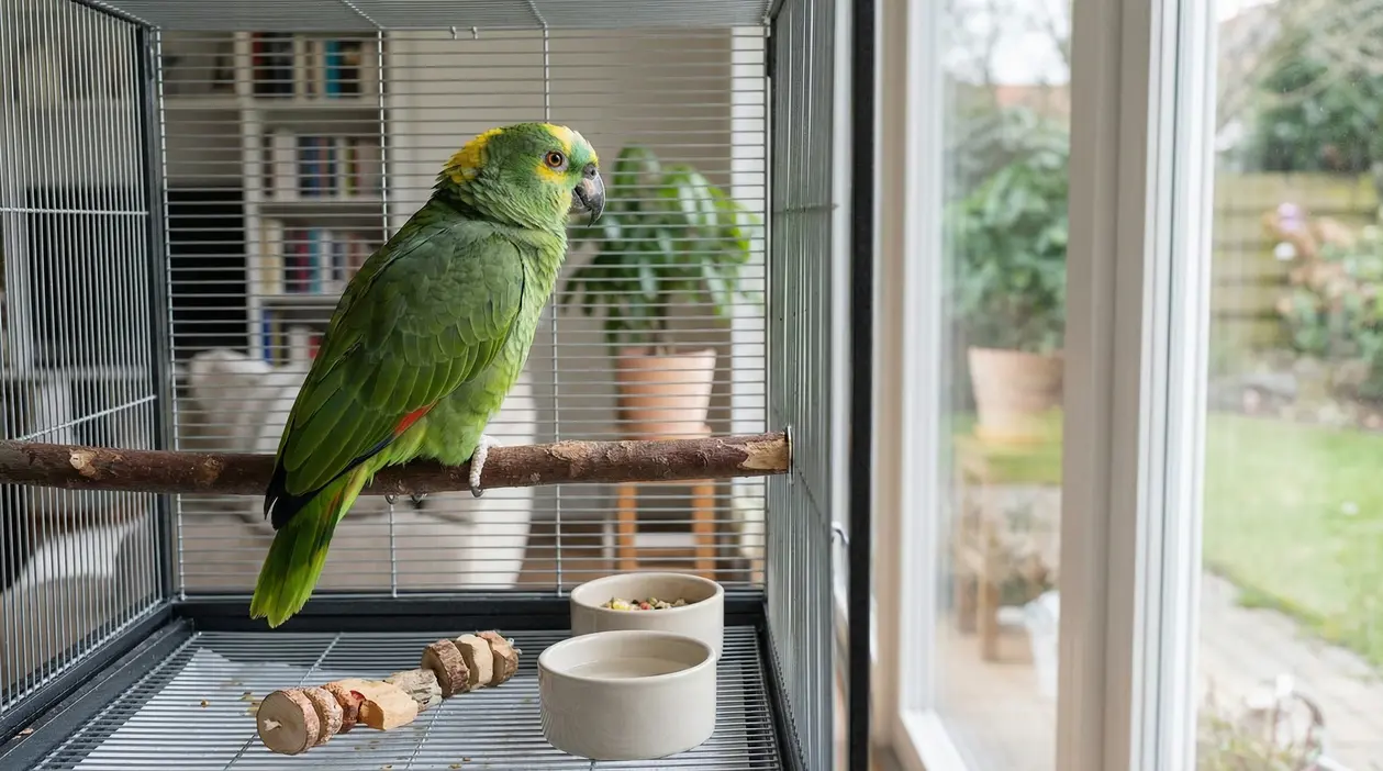 Pappagallo verde su un posatoio nella gabbia, vicino a una finestra in casa