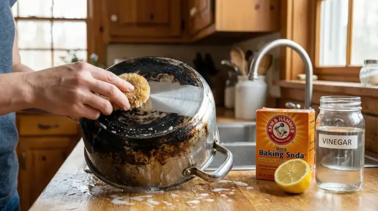 Persona che pulisce il fondo di una pentola annerita con spugna e bicarbonato accanto a aceto e limone in cucina
